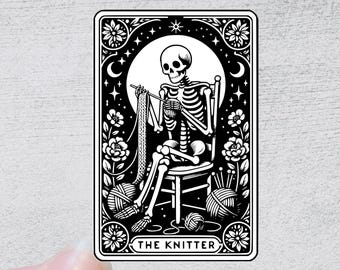 The Knitter Tarot Card |  skeleton Skull Water bottle Laptop Sticker Yarn Knitting Crochet Funny Sticker