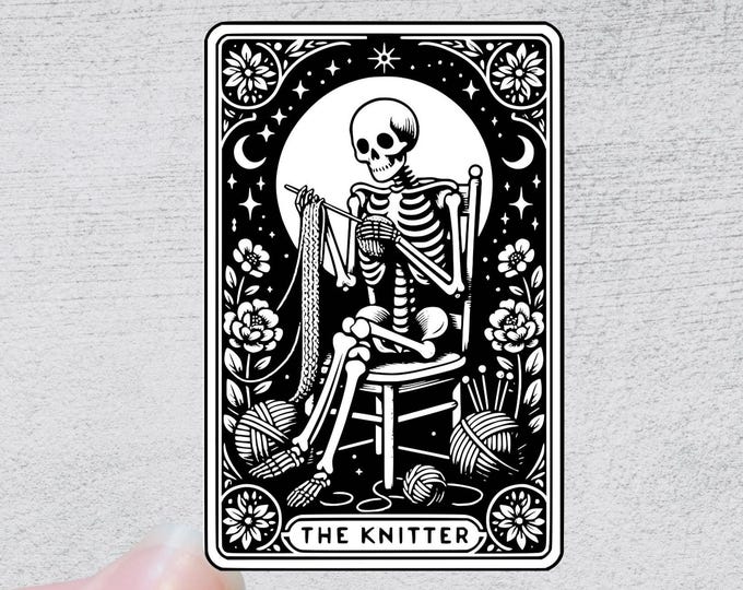 The Knitter Tarot Card |  skeleton Skull Water bottle Laptop Sticker Yarn Knitting Crochet Funny Sticker