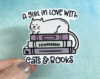 Cat & Books Sticker| A Girl In Love With Cats and Books |  Rainbow Water bottle Laptop Sticker Reading Books Library Cat Kitten Pet Sticker