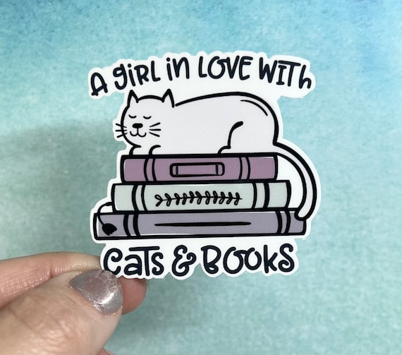 A Girl In Love With Cats and Books Sticker or Magnet|  Rainbow Water bottle Laptop Sticker Reading Books Library Cat Kitten Pet Sticker