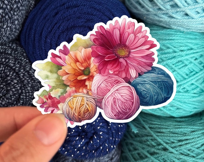 Watercolor Yarn Skein and Flower Sticker #10- Die Cut Matte or Glossy Stickers for Knitter Crocheter or Spinner