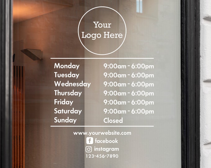 OPEN HOURS Decal with Custom Logo | Small Business Open Closed Window Door Vinyl Decal sticker shop sign