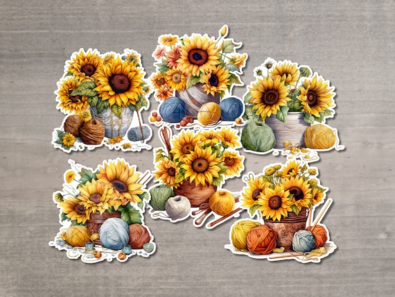 Sunflowers and Yarn Skeins Stickers Pack of 6- Die Cut Matte or Glossy Stickers for Knitter Crocheter or Spinner