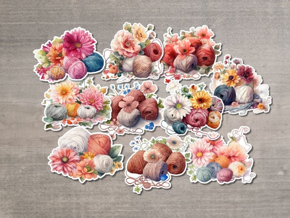 Watercolor Flowers and Yarn Skein Stickers Pack of 10 - Die Cut Matte or Glossy Stickers for Knitter Crocheter or Spinner