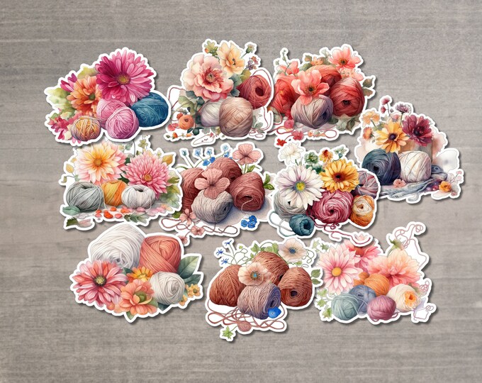 Watercolor Flowers and Yarn Skein Stickers Pack of 10 - Die Cut Matte or Glossy Stickers for Knitter Crocheter or Spinner