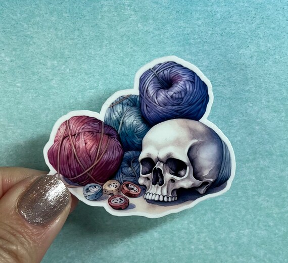 Skull With Yarn Skeins Sticker | Yarn Sticker Knitting Crochet Die Cut Sticker Rainbow Waterbottle Laptop Sticker Goth Skulls
