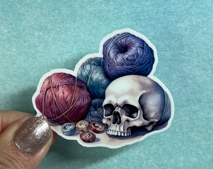 Skull With Yarn Skeins Sticker | Yarn Sticker Knitting Crochet Die Cut Sticker Rainbow Waterbottle Laptop Sticker Goth Skulls