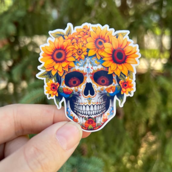 Sunflower Skull Sticker or Magnet | Calavera Plant Flowers Water bottle Laptop Halloween Spooky Season