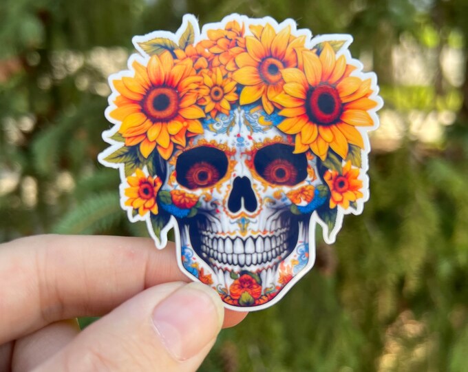 Sunflower Skull Sticker | Floral Sugar Skull | Calavera Plant Flowers Water bottle Laptop Sticker Halloween Spooky Season