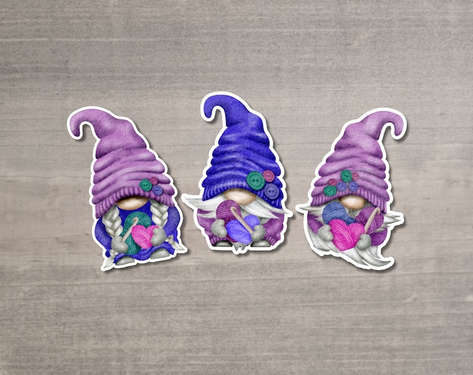 Crochet Gnome Stickers Pack of 3 - Die Cut Matte or Glossy Stickers for Knitter Crocheter or Spinner - Gonk sticker