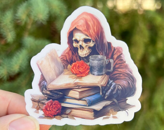 Spooky Reading Sticker | Skeleton With Books and Coffee Tea Fall Decor | Halloween Spooky Season Booktok Reading Sticker