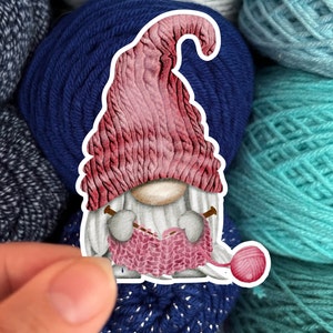 Knitting Gnome Sticker Red - Die Cut Matte or Glossy Stickers for Knitter Crocheter or Spinner - Gonk sticker