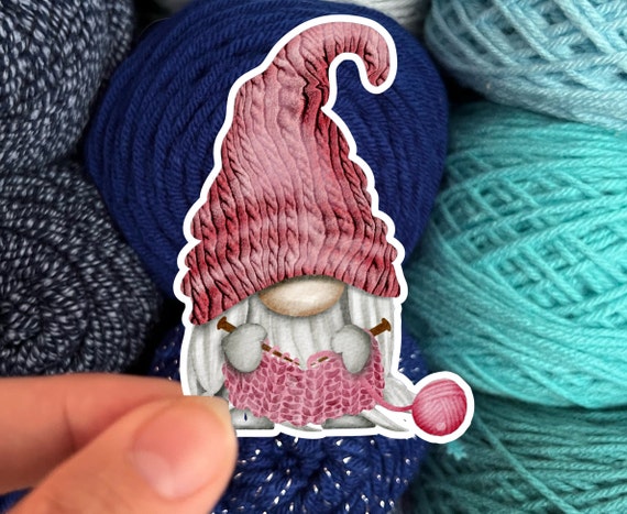 Knitting Gnome Sticker Red - Die Cut Matte or Glossy Stickers for Knitter Crocheter or Spinner - Gonk sticker