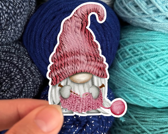Knitting Gnome Sticker Red - Die Cut Matte or Glossy Stickers for Knitter Crocheter or Spinner - Gonk sticker