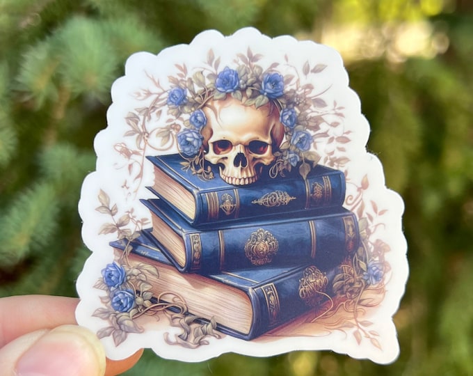 Skulls, Blue Roses and Books Sticker | Halloween Spooky Season Booktok Reading Sticker