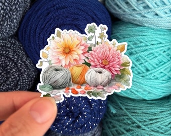 Watercolor Flowers and Yarn Skeins Sticker #6 - Die Cut Matte or Glossy Stickers for Knitter Crocheter or Spinner