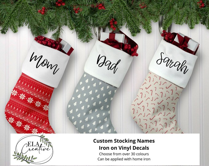 Custom Iron On Stocking Name Decals | DIY Personalization | Shirt Bag Clothing Vinyl Personalized Unique | Christmas Decorating