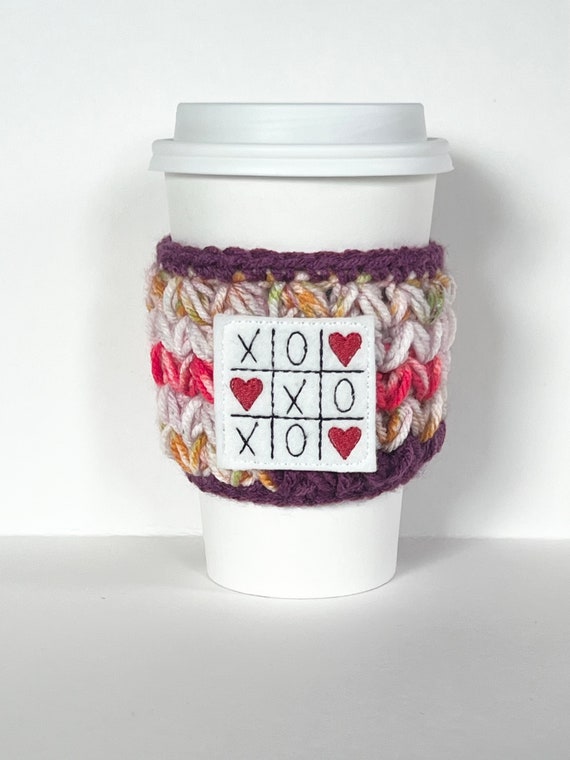 Coffee Cup Cozy | Love Tic Tac Toe | Crochet Coffee Sleeve | Reusable Cozie Environmentally Friendly Tea Cozie Cozy