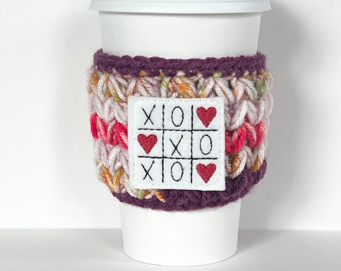 Coffee Cup Cozy | Love Tic Tac Toe | Crochet Coffee Sleeve | Reusable Cozie Environmentally Friendly Tea Cozie Cozy