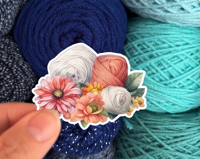 Watercolor Flowers and Yarn Skeins Sticker #4 - Die Cut Matte or Glossy Stickers for Knitter Crocheter or Spinner