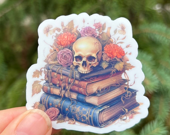Skulls, Flowers and Books Sticker |  Roses with Skulls and leaves on Books | Halloween Spooky Season Booktok Reading Sticker