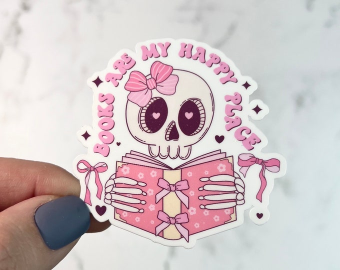 Coquette Style Sticker | Books Are My Happy Place | Reading Bows Pearls Water bottle Laptop Sticker Girly Skull