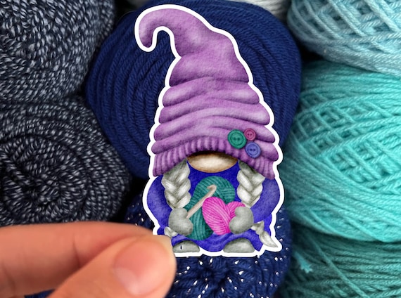 Crochet Gnome Sticker Purple Blue - Die Cut Matte or Glossy Stickers for Knitter Crocheter or Spinner - Gonk sticker