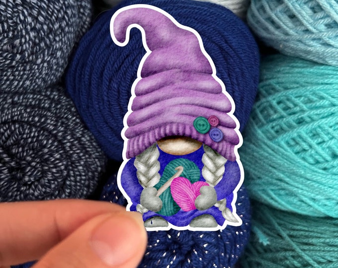 Crochet Gnome Sticker Purple Blue - Die Cut Matte or Glossy Stickers for Knitter Crocheter or Spinner - Gonk sticker