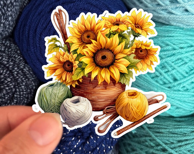 Sunflowers and Yarn Skeins Sticker #5- Die Cut Matte or Glossy Stickers for Knitter Crocheter or Spinner