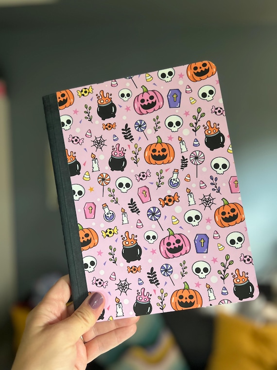 Cute Halloween Composition Notebook - Pink with Jack O Lanterns, Pumpkins, Skulls and Cauldrons