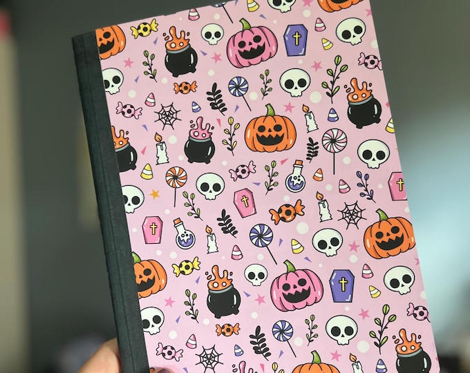 Cute Halloween Composition Notebook - Pink with Jack O Lanterns, Pumpkins, Skulls and Cauldrons