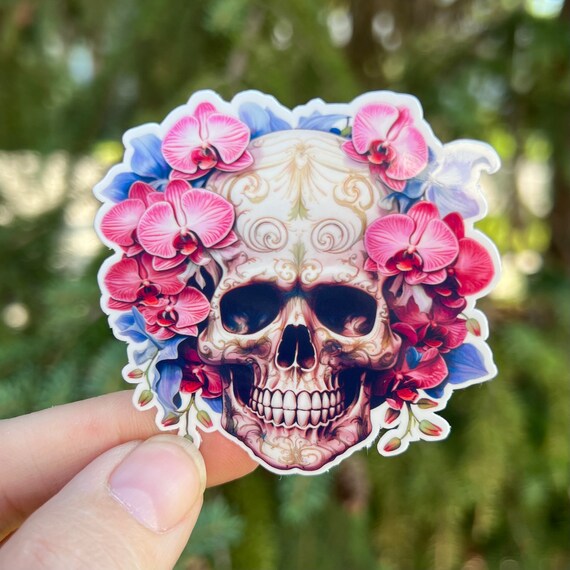 Pink Orchids Skull Sticker or Magnet | Flower Bouquet Sugar Skull | Floral Calavera Water bottle Laptop Sticker Halloween Spooky Season