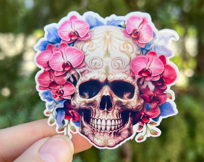 Pink Orchids Skull Sticker | Flower Bouquet Sugar Skull | Floral Calavera Plant Flowers Water bottle Laptop Sticker Halloween Spooky Season