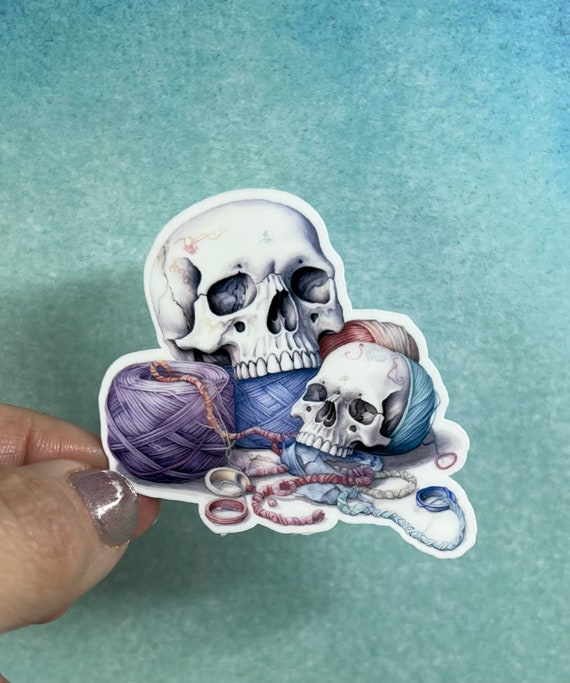 Skull Yarn Skeins Sticker | Yarn Sticker Knitting Crochet Die Cut Sticker Rainbow Waterbottle Laptop Sticker Goth Skulls
