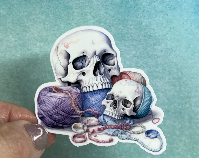 Skull Yarn Skeins Sticker | Yarn Sticker Knitting Crochet Die Cut Sticker Rainbow Waterbottle Laptop Sticker Goth Skulls