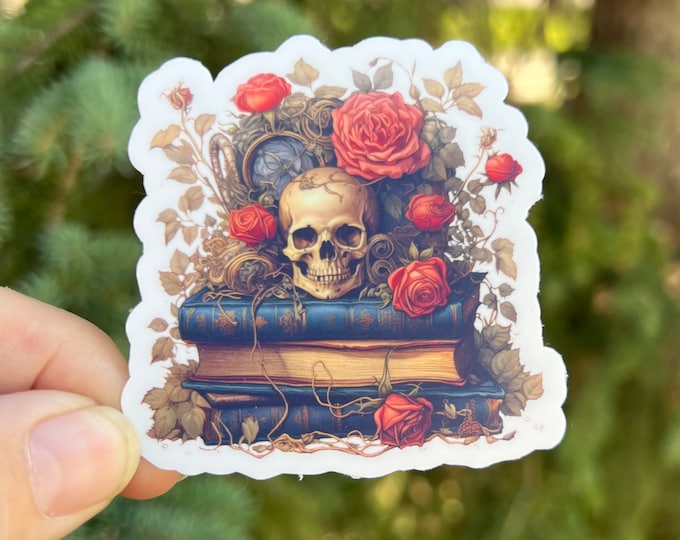 Skull, Roses and Books Sticker |  Red Rose with Skulls and leaves on Books | Halloween Spooky Season Booktok Reading Sticker