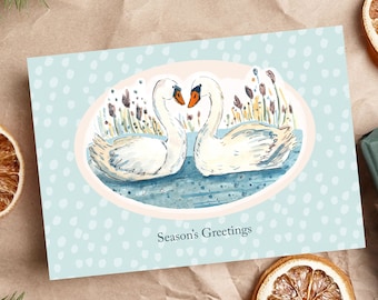 Swans A Swimming Festive Seasons Greetings Watercolour Painting Christmas Greetings Card / Single Card / Pack of Christmas Cards