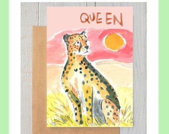 Carte de voeux d'illustration colorée Queen Cheetah pour amis/reines/petites amies