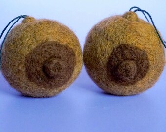Needle Felted Boob Ornament - Handmade Wool Holiday Decoration in Almond and Mocha