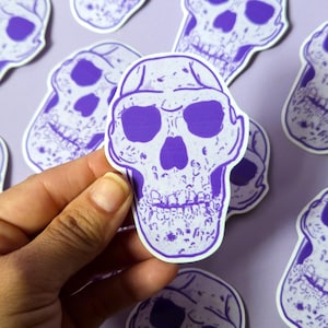 Può includere: Adesivi a forma di teschio viola con contorno bianco. Gli adesivi presentano un'illustrazione dettagliata di un teschio. Gli adesivi sono sparsi su una superficie viola chiaro. Gli adesivi sono tenuti in una mano.