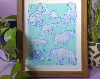 Ice Age Mammals Art Print - Pleistocene Illustration Poster