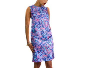 70s vintage handmade psychedelic party dress. Fabric in shades of blue and pink. A-line, sleeveless.
