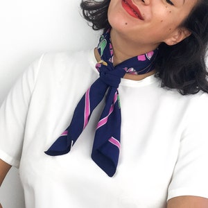 Classic small vintage 70s scarf. Navy blue with pink, green and yellow flowers. Super retro. 68cm/68m (26.8&quot;/26.8&quot;)