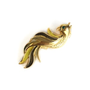 Vintage art deco-style &quot;Bird of Paradise&quot; pin/brooch. Tones of gold, yellow and brown with tiny green eyes.