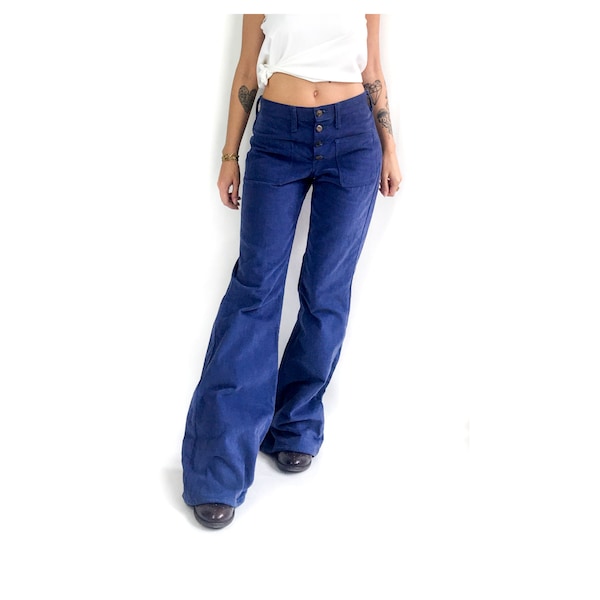 70s vintage original Wrangler "Blue Bell" bell bottom pants. Dark blue. Super soft. High rise waist. Wide flare. Size XS