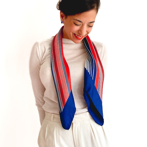 70s vintage classic silk scarf. Red, white and blue stripes with a blue border. Super preppy style.