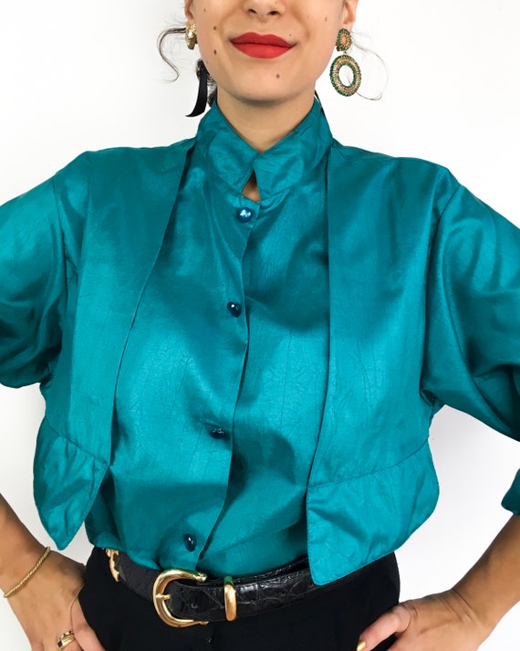teal satin blouse
