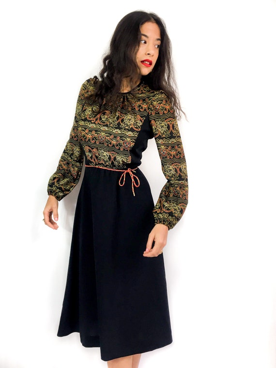70s vintage black motif bohemian dress. Paisley p… - image 9