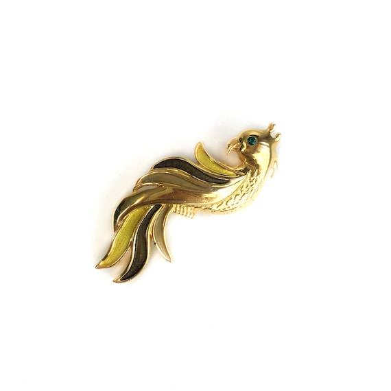 Broche Vintage Oiseau De Paradis - Couleur Or, Cristal Boréalis, émail Vert, Occasion *4770