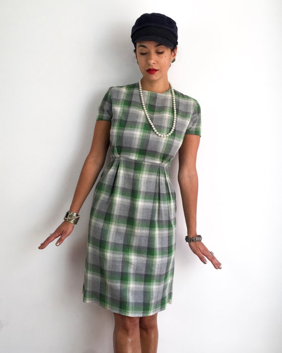 50s vintage handmade plaid dress in shades of gre… - image 3